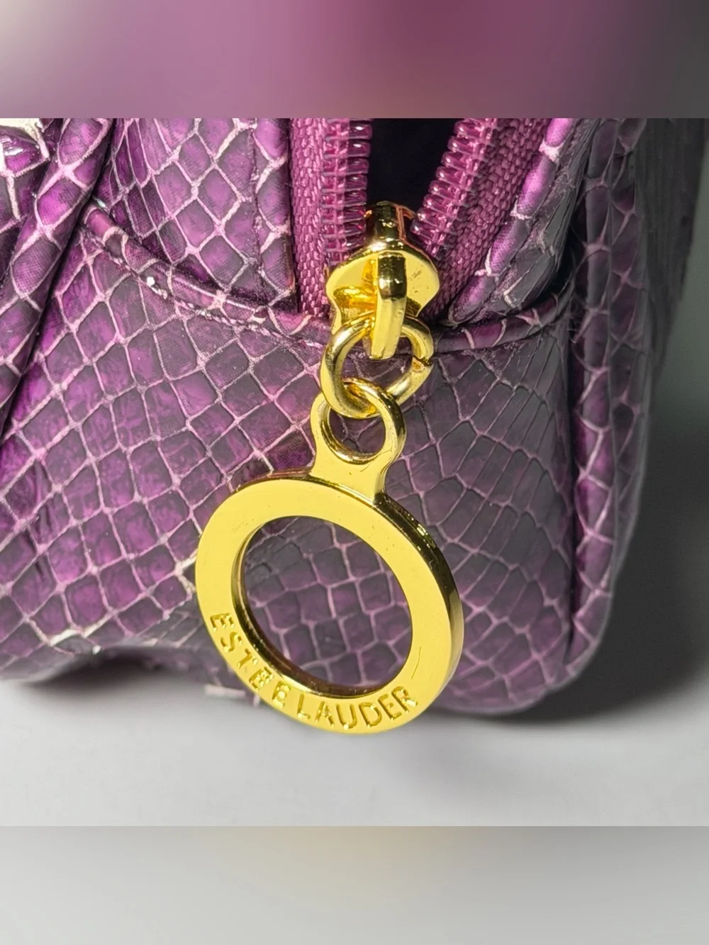 Estée Lauder Purple Snakeskin Texture Top Handle Cosmetic Bag - 9” x 6”